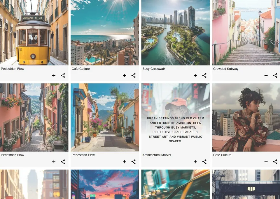 A photo grid with a light overlay on hover